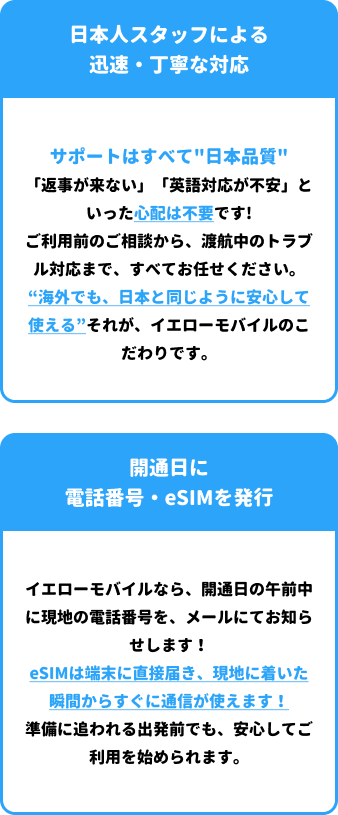 「日本人スタッフによる迅速・丁寧な対応」「開通日に電話番号・eSIMを発行」